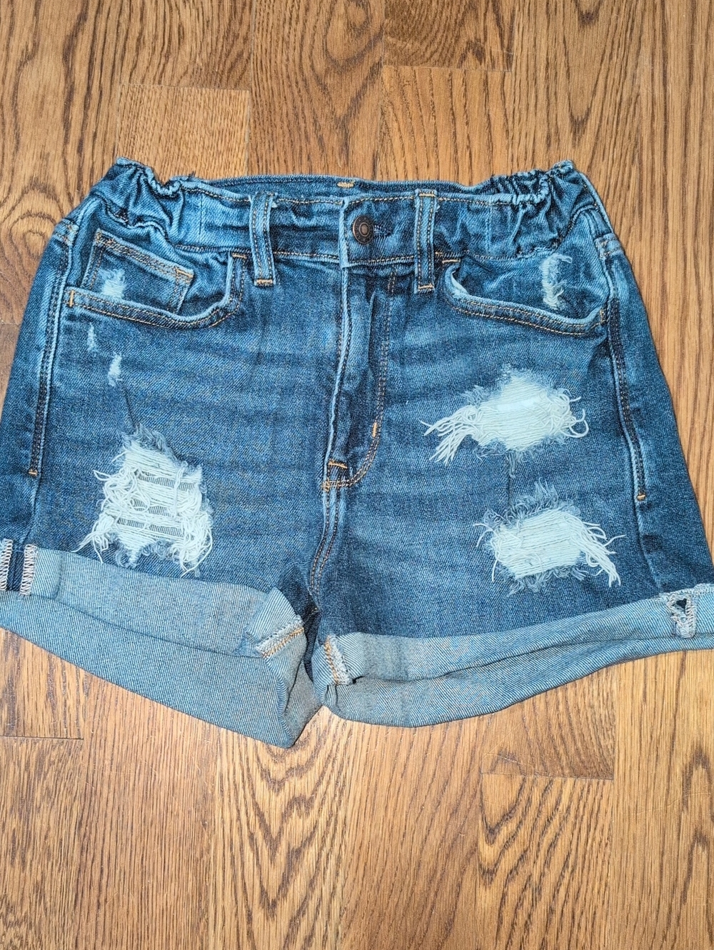 Arizona Jean Company Distressed Dark Blue Rolled Cuff Denim Shorts